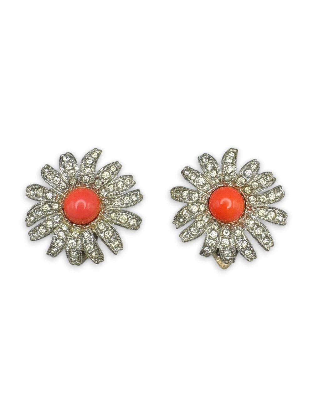 Vintage Art Deco Pave Set Crystal & Coral Cabochon Flower Dress Clips